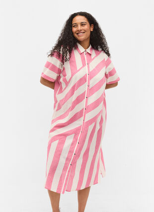 Short-sleeved cotton shirt dress with stripes, Magenta Stripe, Model image number 0