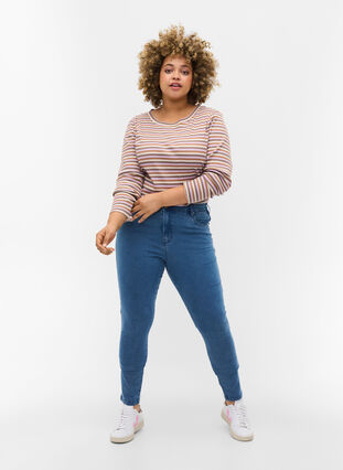 Striped blouse with crew neck and long sleeves, Purple Camel Stripe, Model image number 2