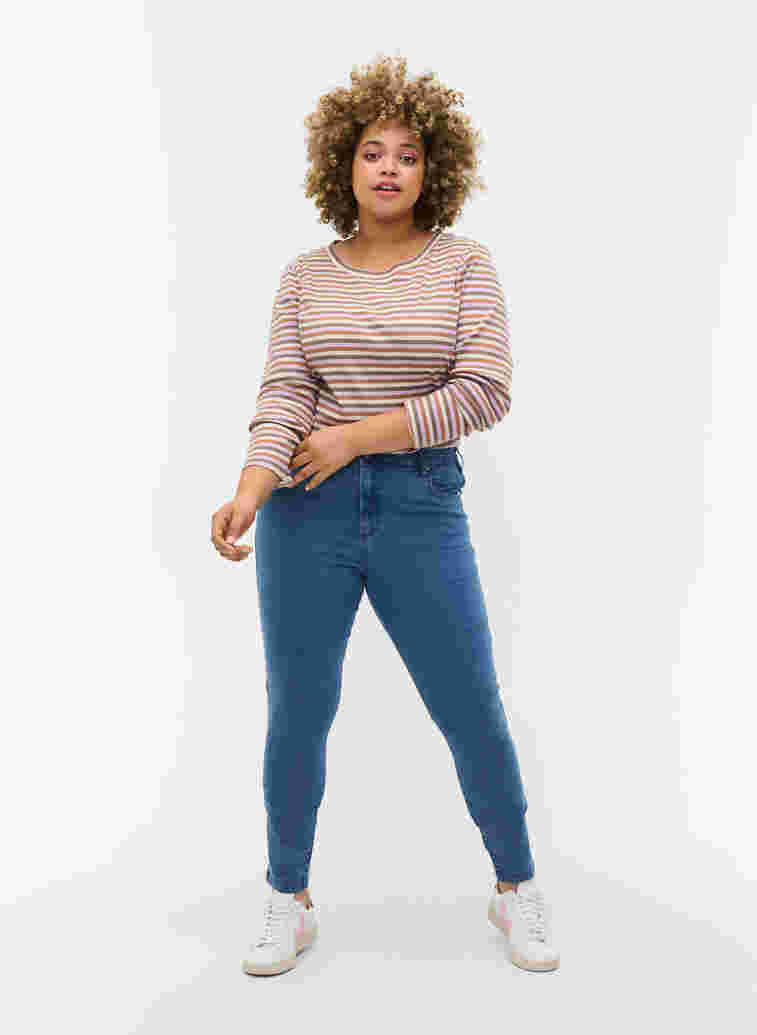 Striped blouse with crew neck and long sleeves, Purple Camel Stripe, Model image number 2
