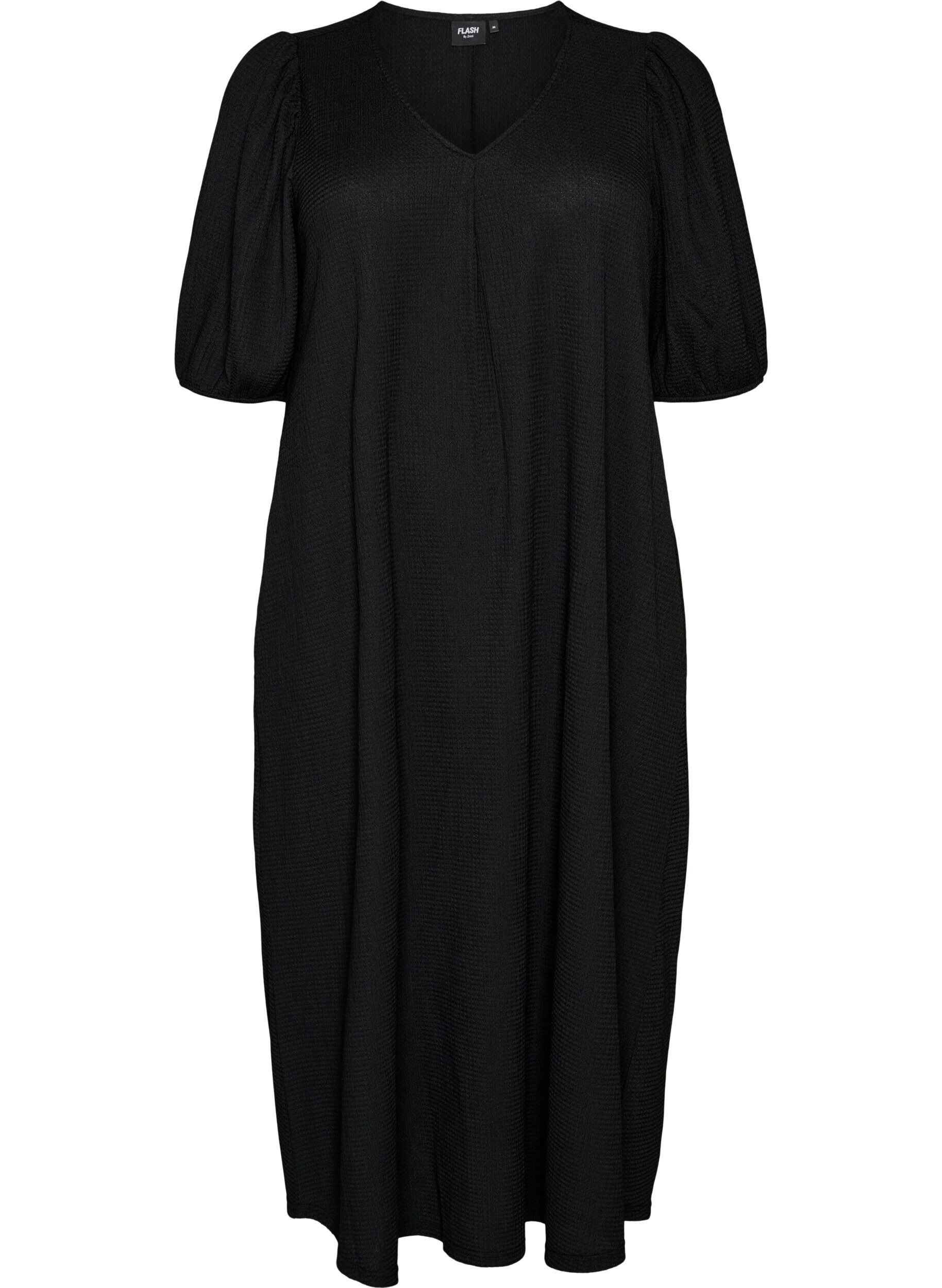 ZizzifashionMidi dress with V-neck and texture, Black, Packshot image number 0