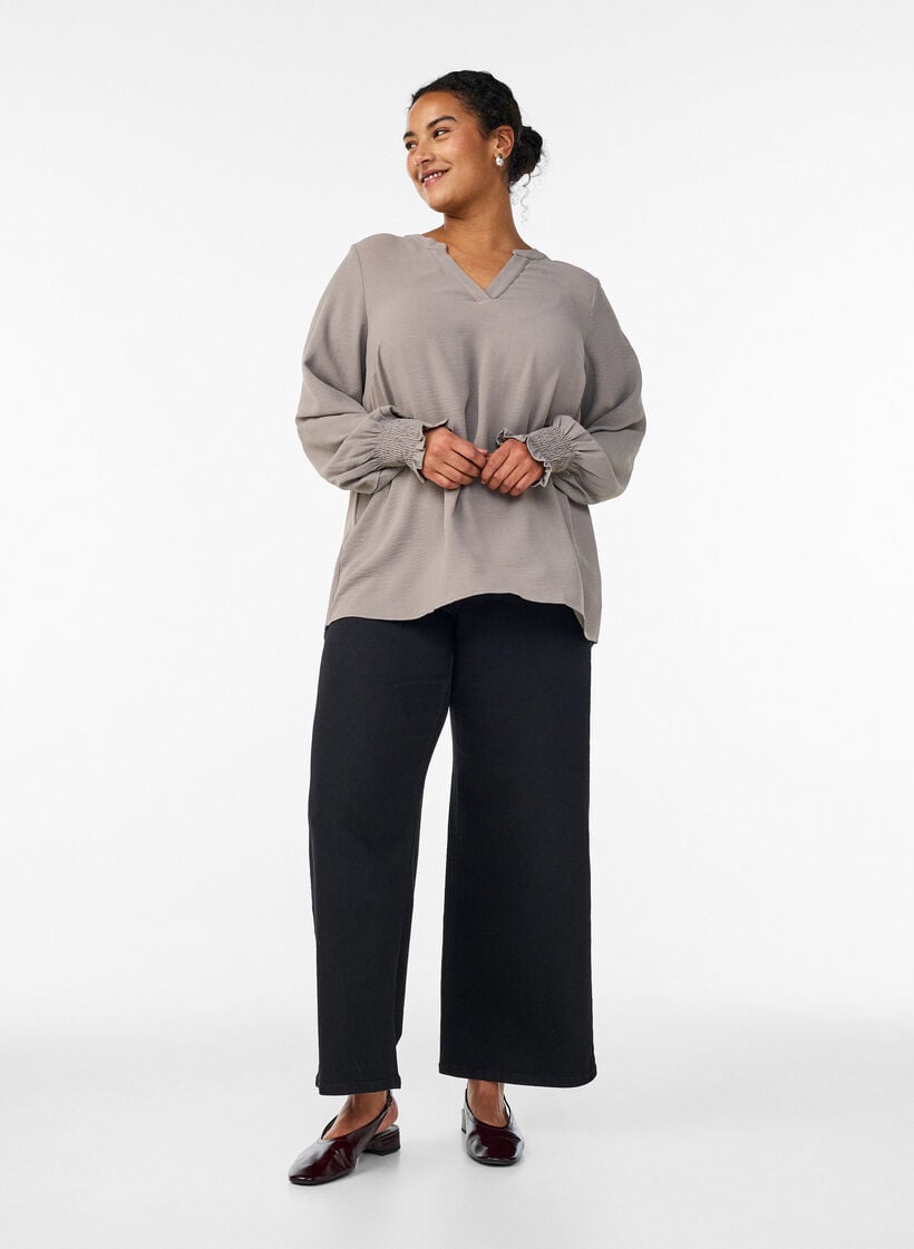 Blouse with smock cuffs and V-neck, Beige, Model image number 1