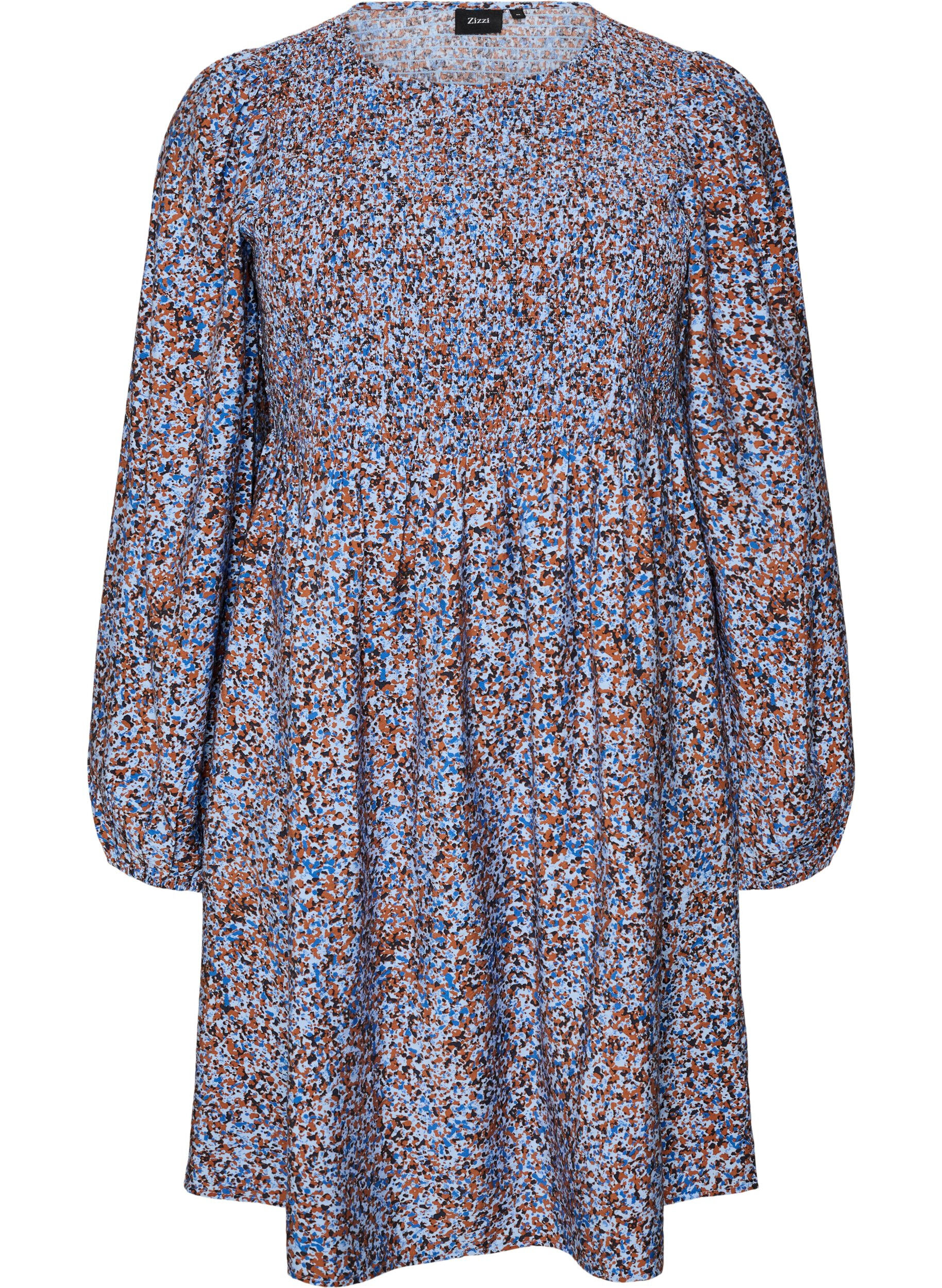 ZizzifashionViscose dress with smock and an all-over pattern, Light Blue, Packshot image number 0
