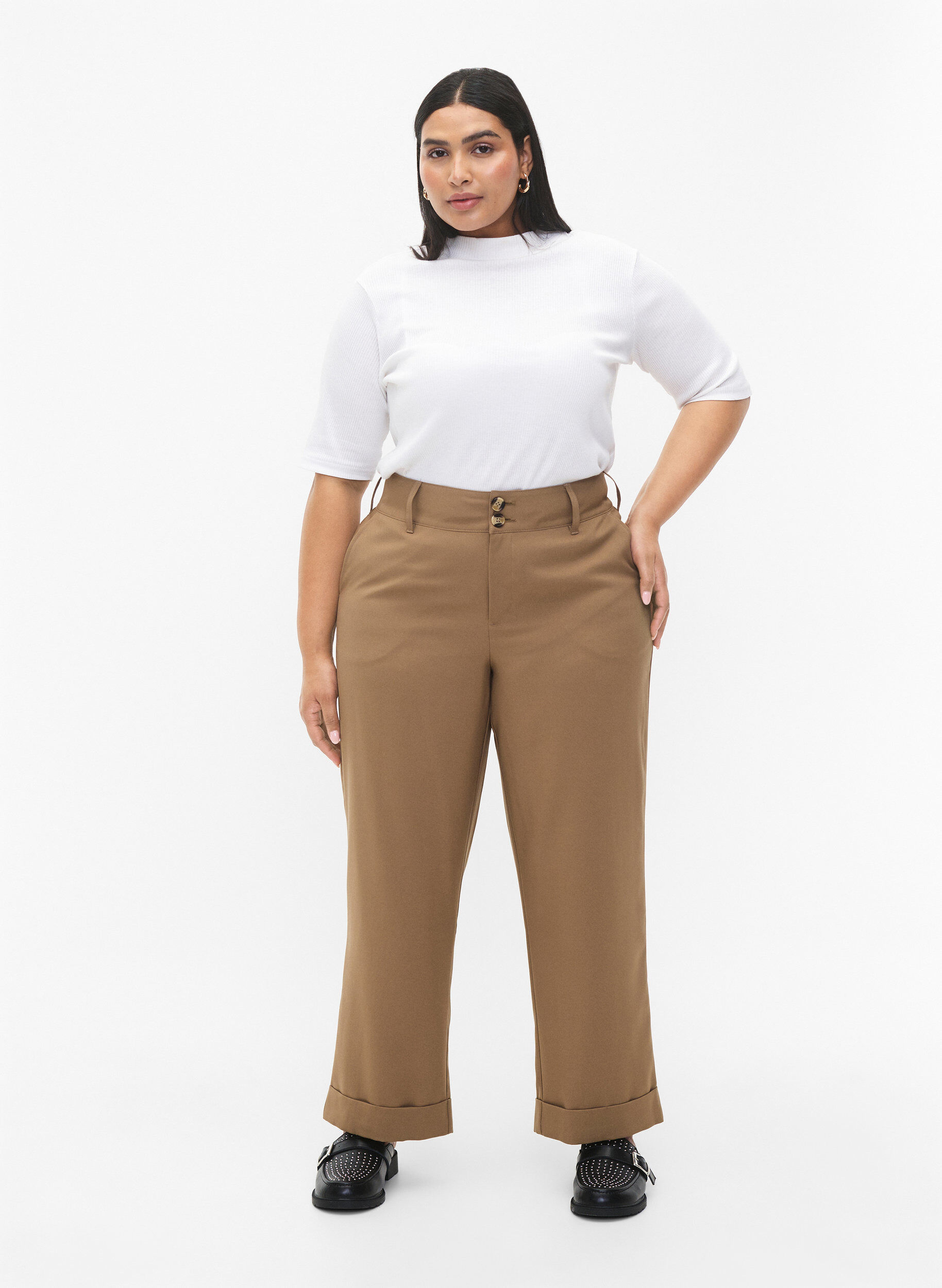 Zizzifashion High-waisted pants with fold-up, Petrified Oak, Model image number 0
