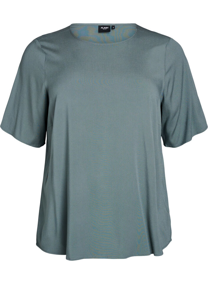 FLASH - Short-sleeved woven blouse with round neck, Green, Packshot image number 0
