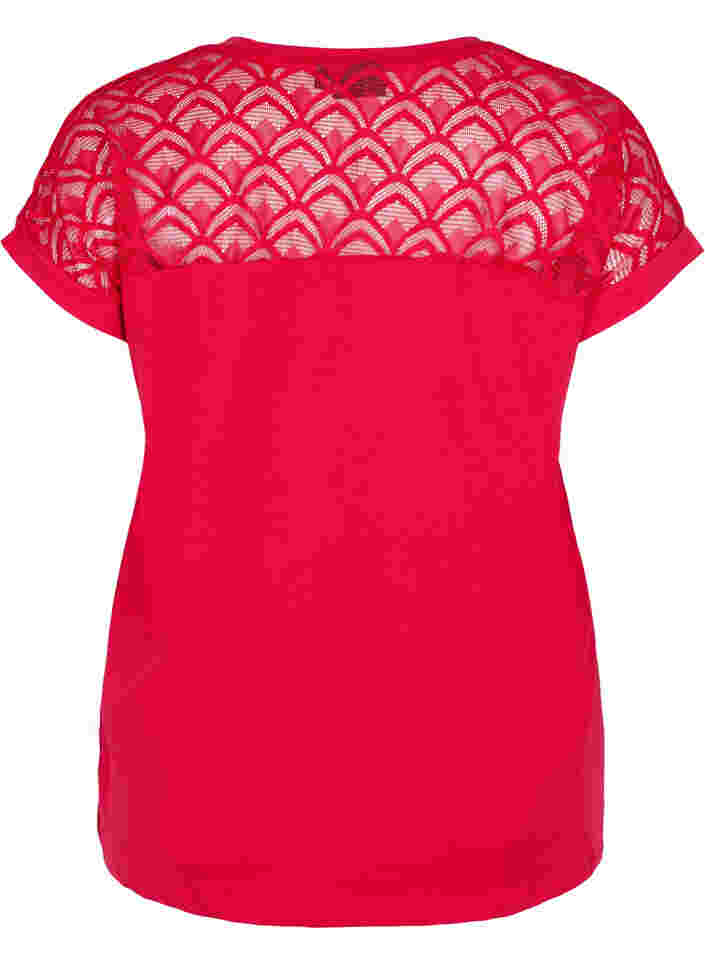 Short-sleeved cotton t-shirt with lace, Tango Red, Packshot image number 1
