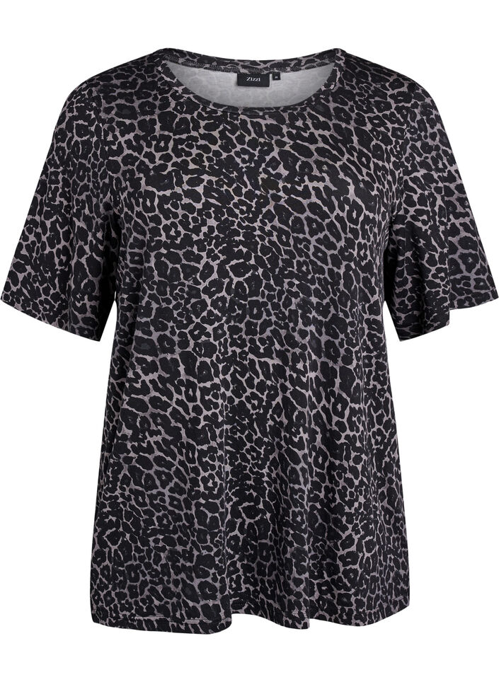 T-shirt with TENCEL™ Lyocell and leopard print, Grey, Packshot image number 0
