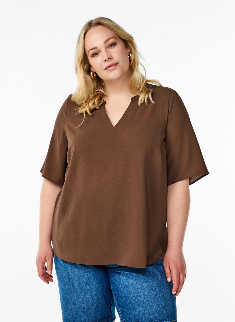 Short-sleeved blouse with V-neck, Brown, Model image number 0