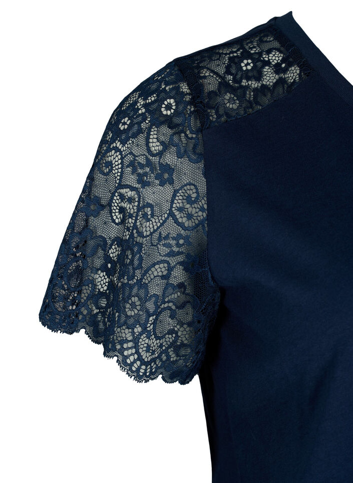 Cotton t-shirt with short lace sleeves, Blue, Packshot image number 3