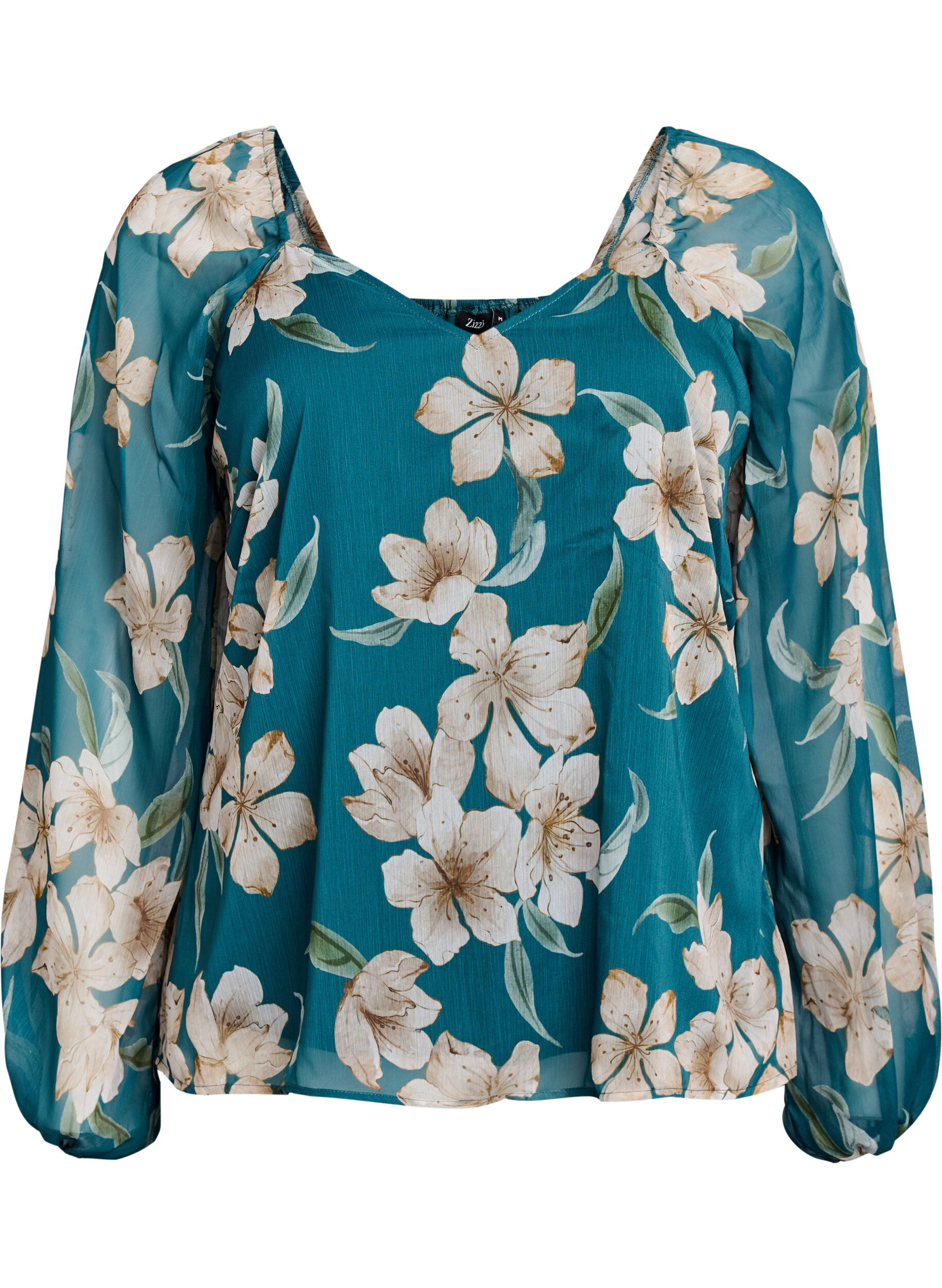 ZizzifashionChiffon blouse with floral print and long sleeves, Green, Packshot image number 0