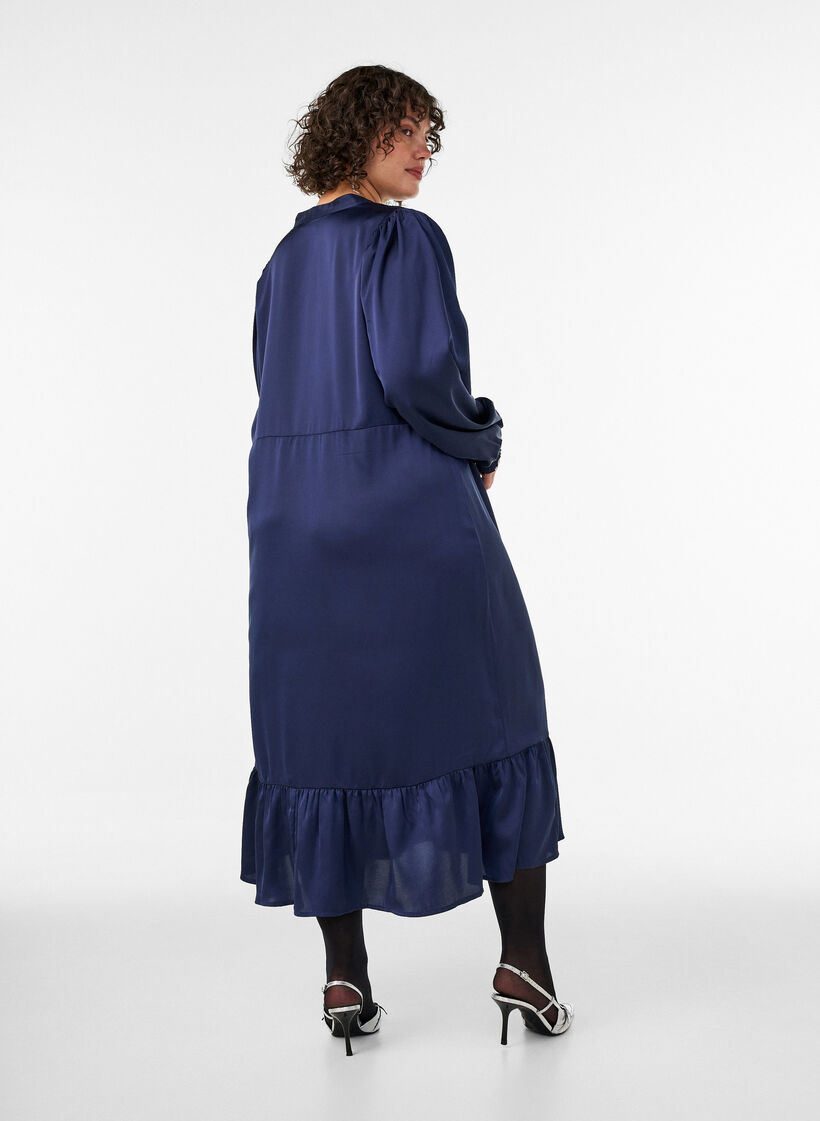 Satin dress with long sleeves and V-neck, Blue, Model image number 1