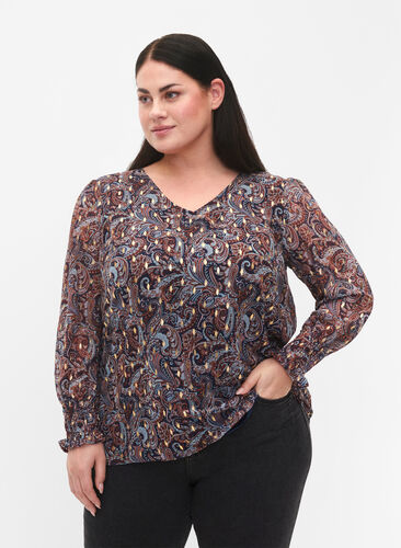 Paisley blouse with long sleeves and v neck, Blue Paisley AOP, Model image number 0