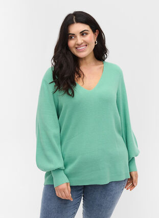 Knitted blouse with v-neck and puff sleeves, Dusty Jade Green Mel, Model image number 0