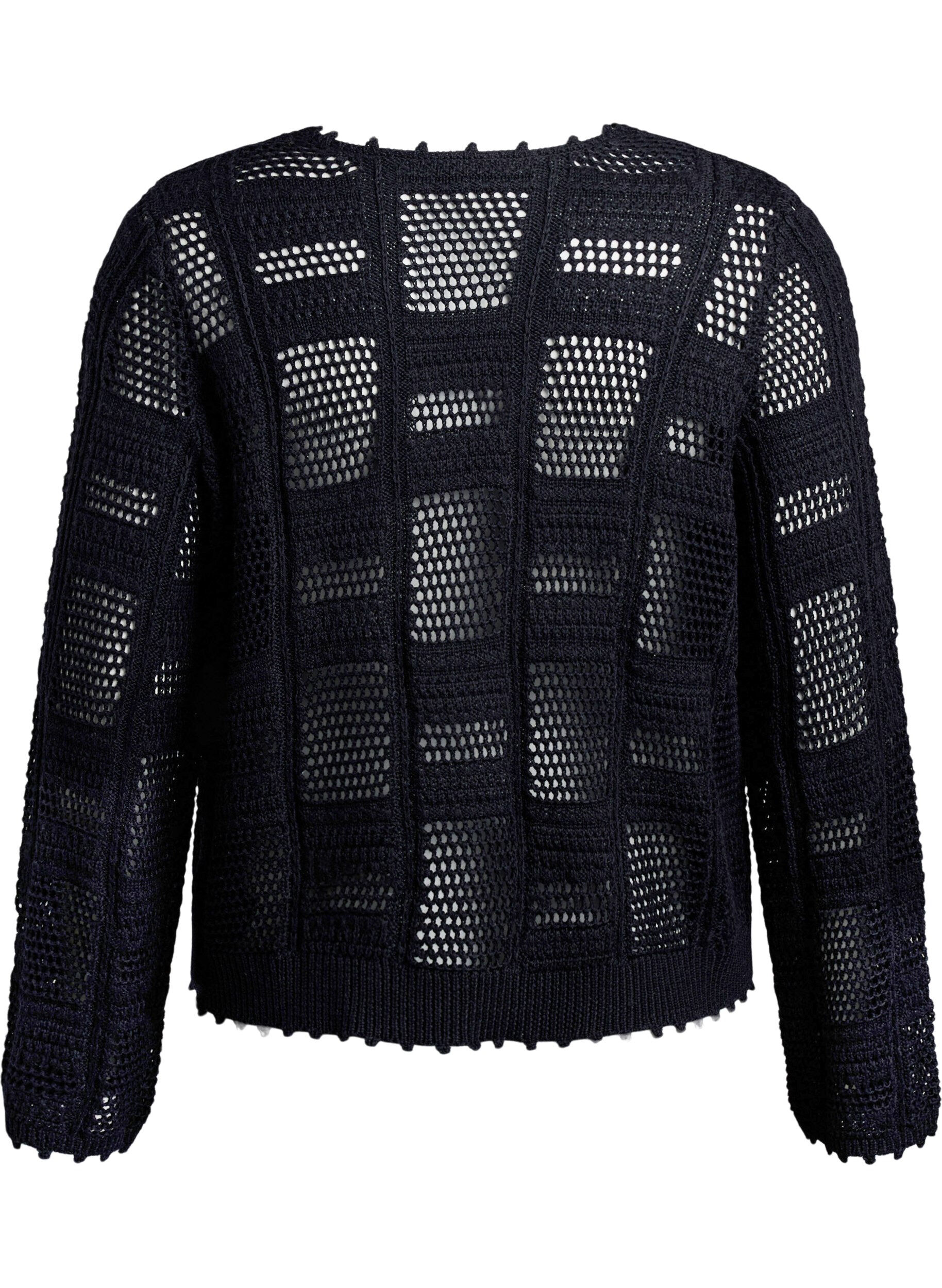 Zizzifashion Knitted cardigan with ties and an openwork pattern, Black, Packshot image number 1