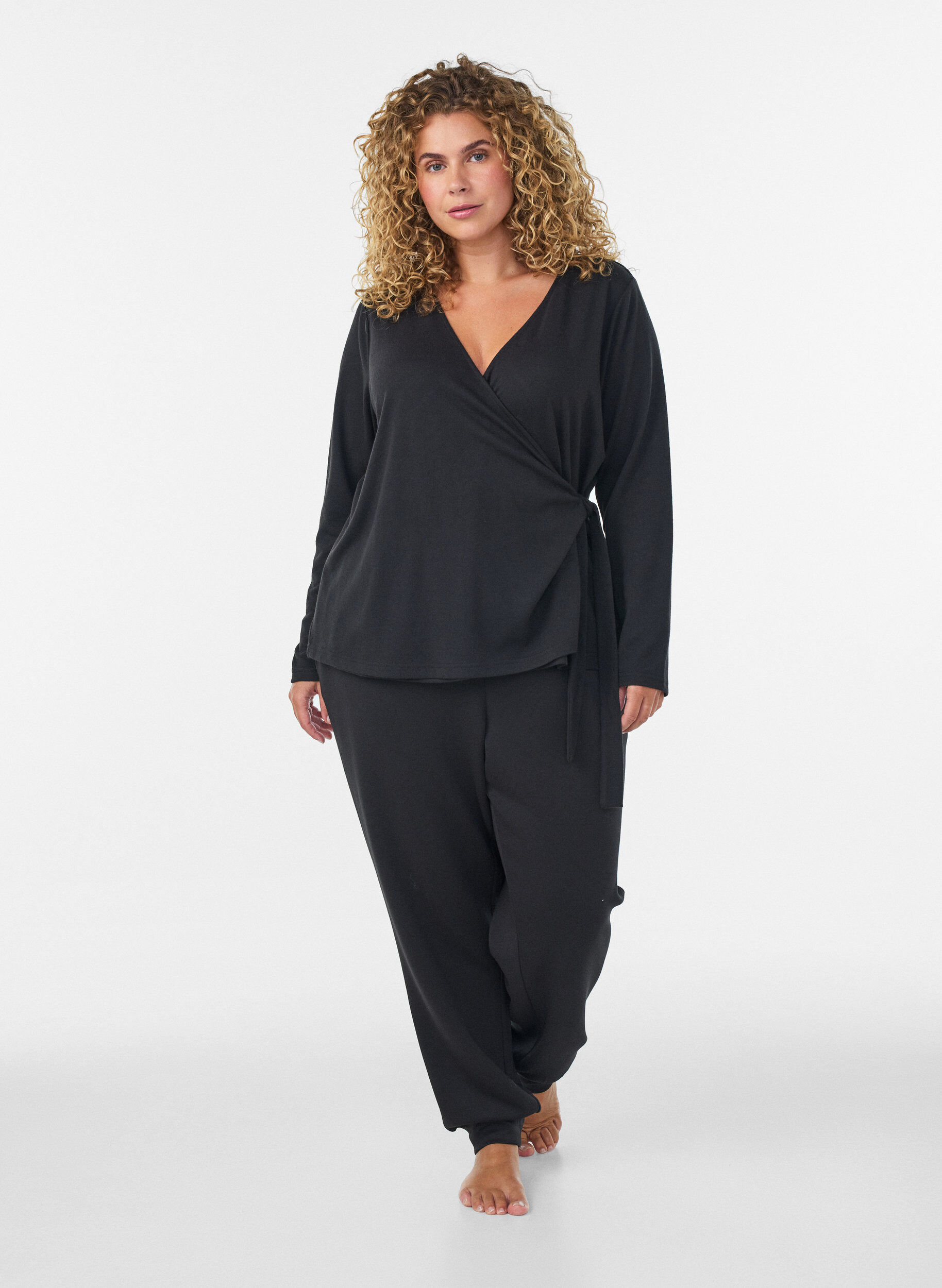 ZizzifashionJersey wrap blouse with a tie-fastening, Black, Model image number 1