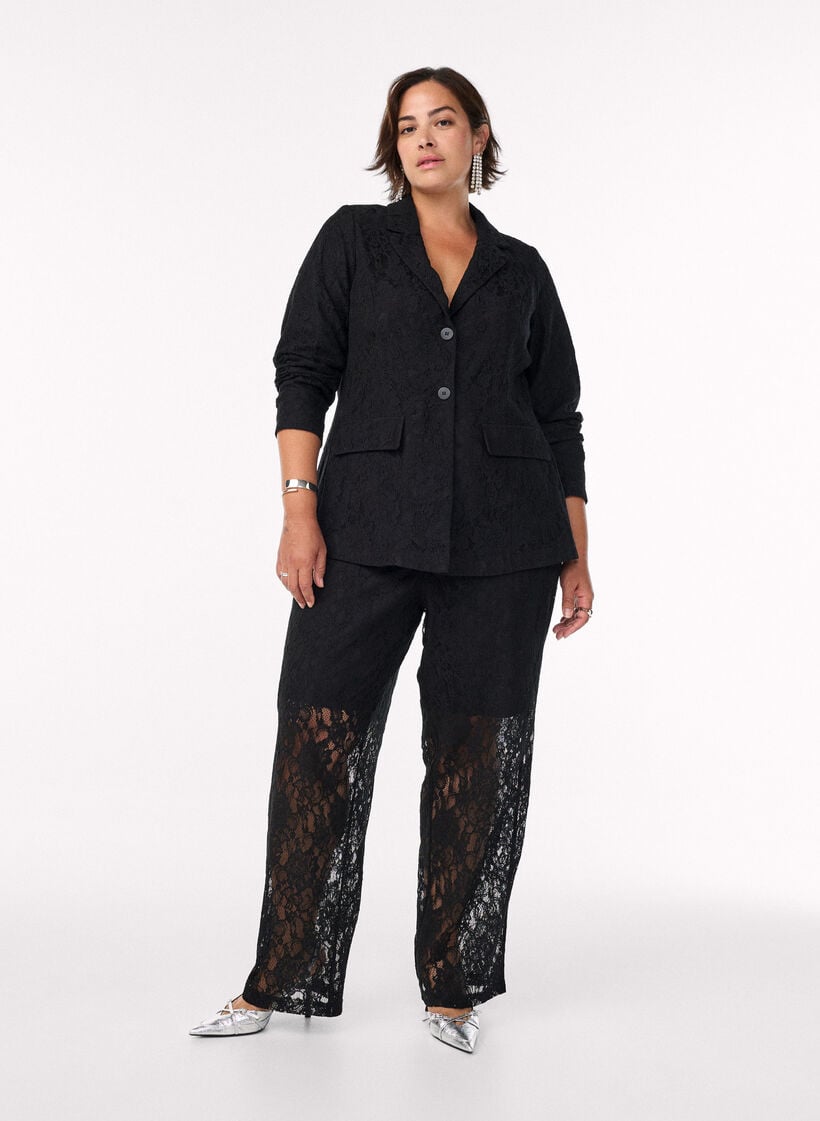 Lace blazer with button closure, Black, Model image number 1