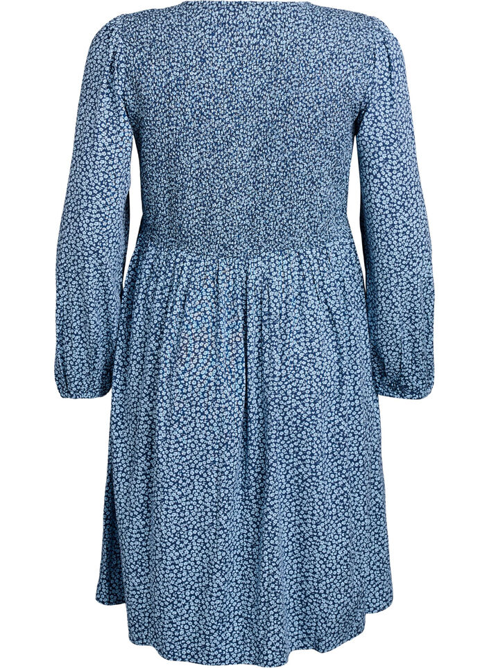 Dress with a smocked top and ditsy floral pattern, Blue, Packshot image number 1
