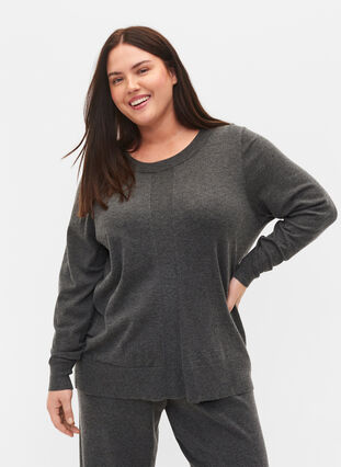 Melange knitted jumper with round neckline, Dark Grey Melange, Model image number 0