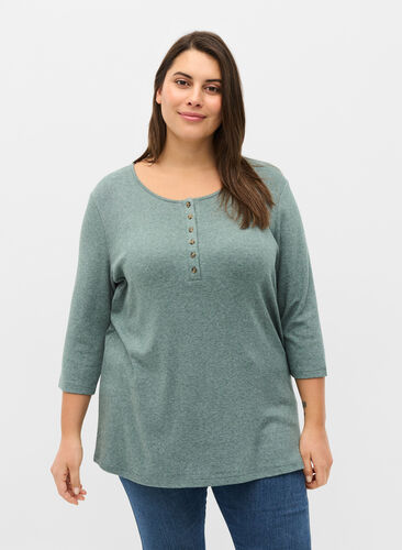 Plain blouse with buttons and 3/4 sleeves, Green Melange, Model image number 0