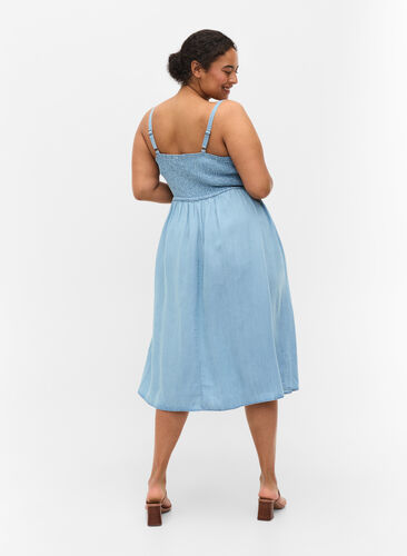 Midi dress with smock and adjustable waist, Light blue denim, Model image number 1