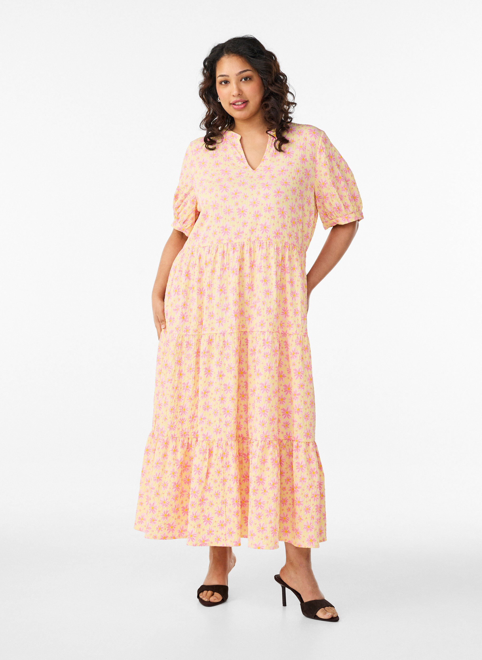 ZizzifashionAnkle-length dress with short sleeves and tiered ruffles, Yellow, Model image number 0