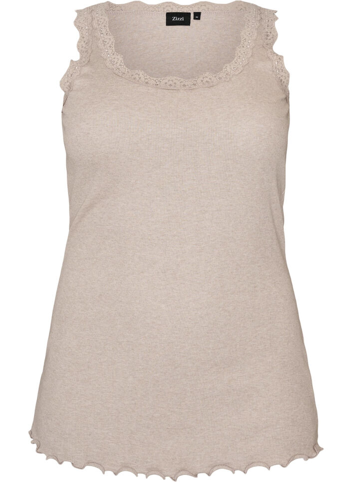 Ribbed top with lace trim, Beige, Packshot image number 0