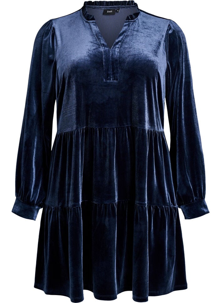 Short velour dress with a ruffle collar and long sleeves, Blue, Packshot image number 0
