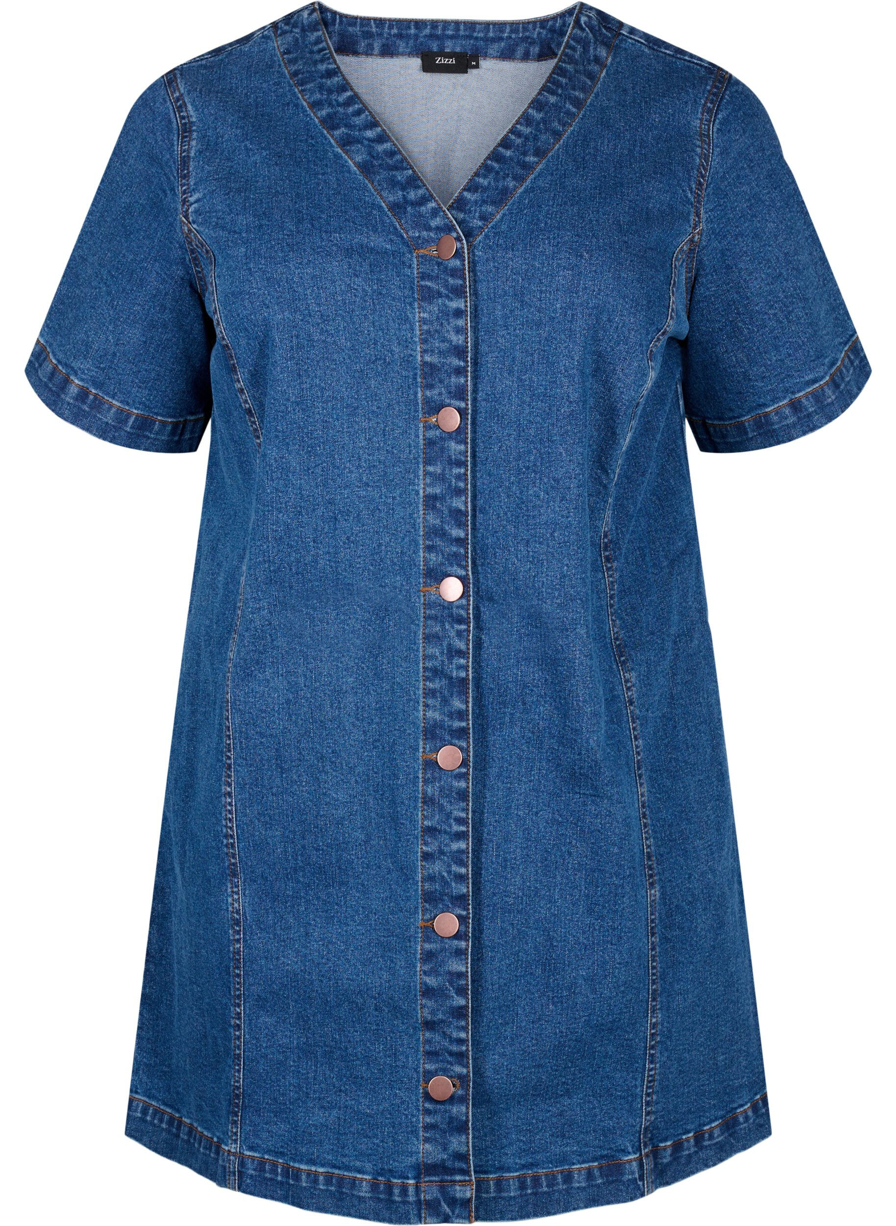 Zizzifashion Short denim dress with a v-neck, Blue, Packshot image number 0