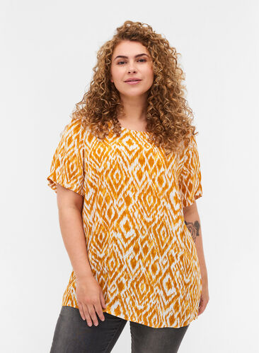 Short-sleeved viscose blouse with print, Golden Yellow AOP, Model image number 0