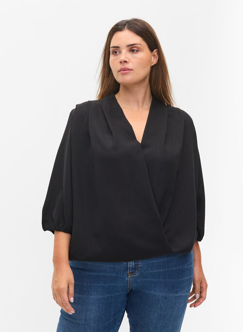 Wrap look blouse with v-neck and 3/4 sleeves