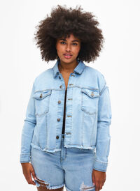 Short denim jacket with distressing details, Light Blue Denim, Model