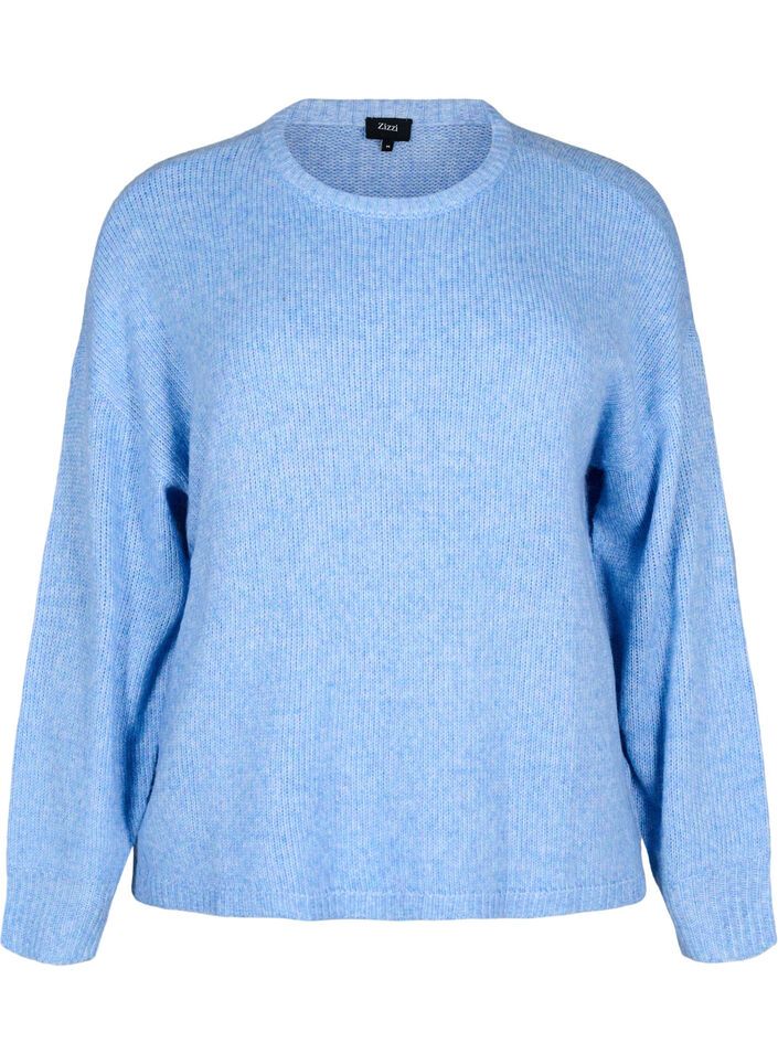 Long-sleeved knitted jumper with wool and a round neck, Della R. Blue Mel., Packshot image number 0