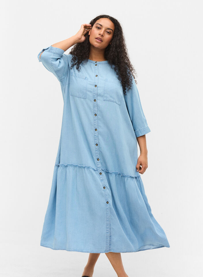 Midi dress with button fastening and 3/4 sleeves - Light Blue - Sz. 42-60 - Zizzifashion