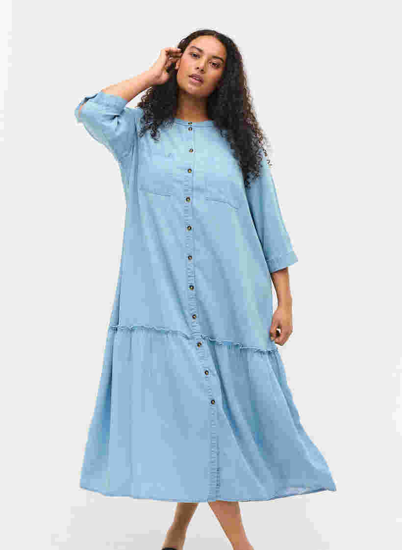 Midi dress with button fastening and 3/4 sleeves, Light blue denim, Model image number 0