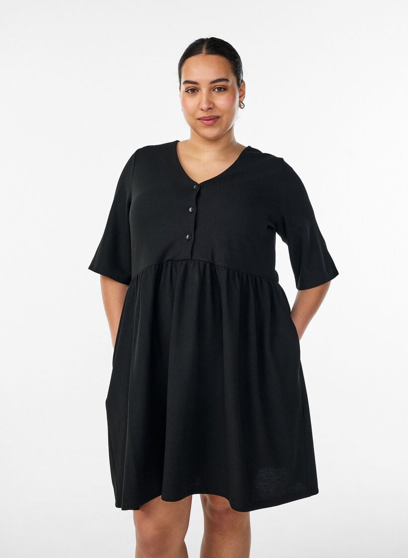 Dress with a ribbed texture and an empire line, Black, Model image number 0