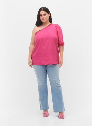 One-shoulder blouse in viscose, Fuchsia Purple, Model image number 2