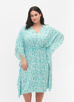 Viscose caftan dress with print, Green Dot, Model image number 0