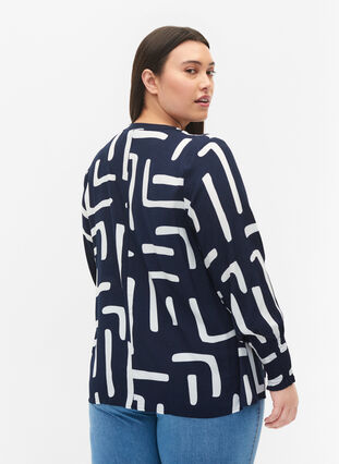 Printed viscose top with smock, Night Sky Geometric, Model image number 1