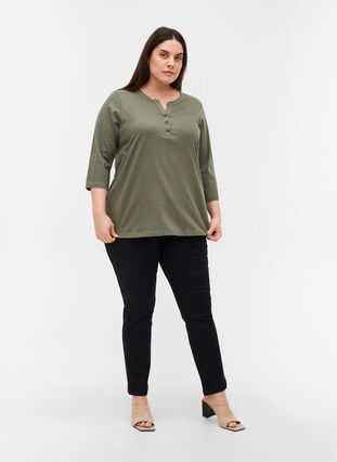 Cotton blouse with 3/4-length sleeves, Agave Green, Model image number 2