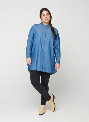 Long-sleeved lyocell tunic with studs, Blue denim, Model image number 3