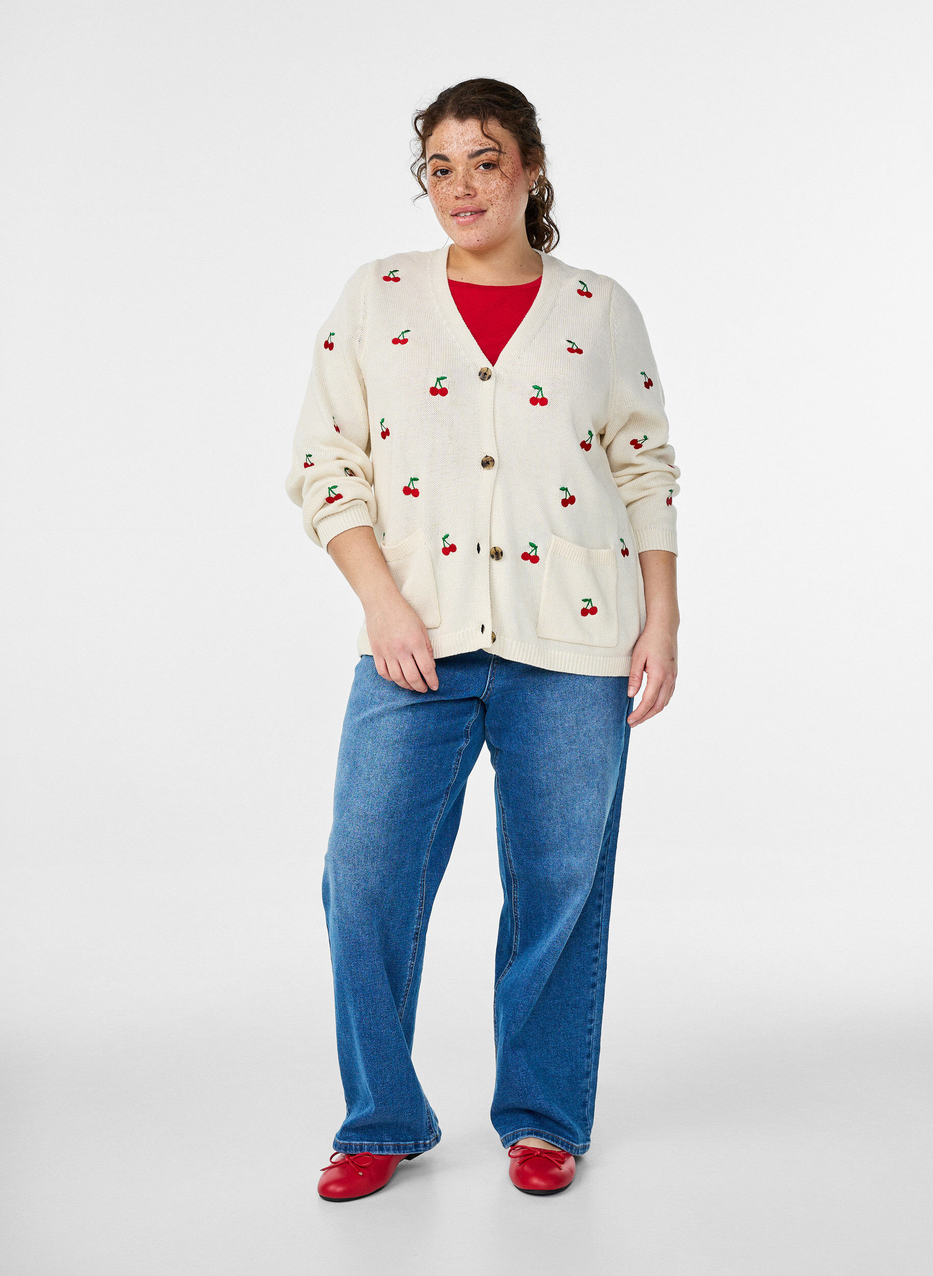 Zizzifashion Knitted cardigan with cherry embroidery, Vanilla, Model image number 1