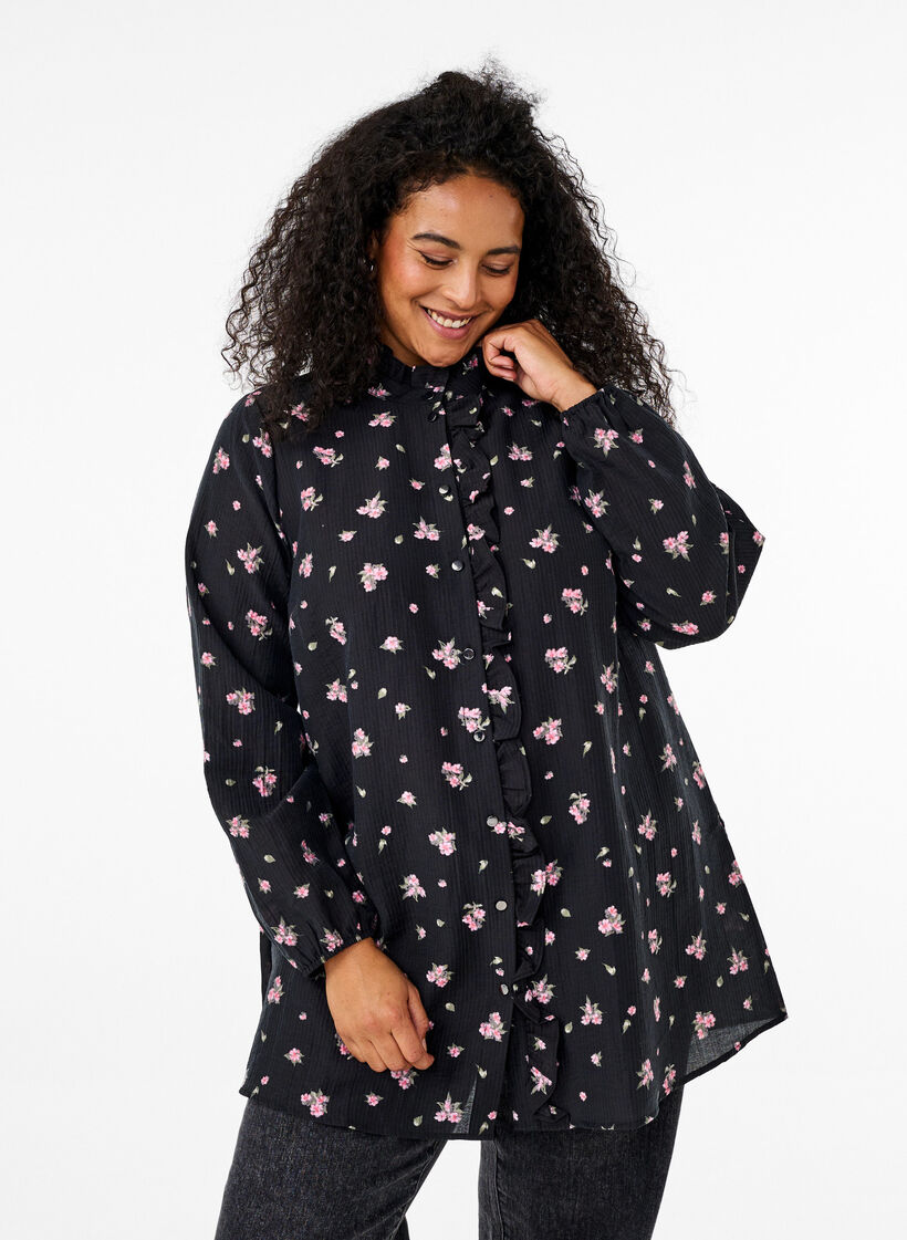 Floral tunic in lyocell, Black, Model image number 0