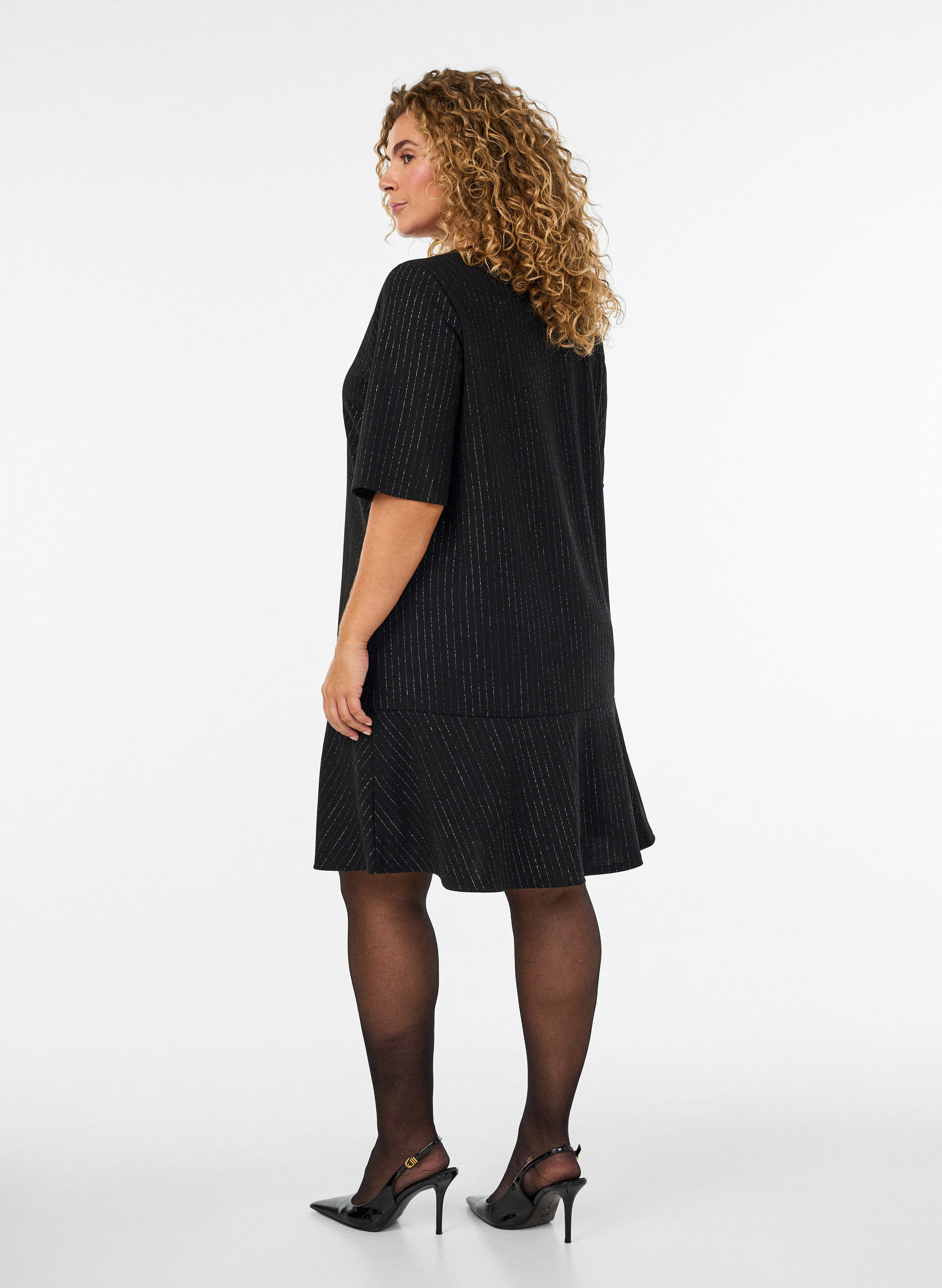 ZizzifashionShort A-line dress with glitter stripes, Black, Model image number 2