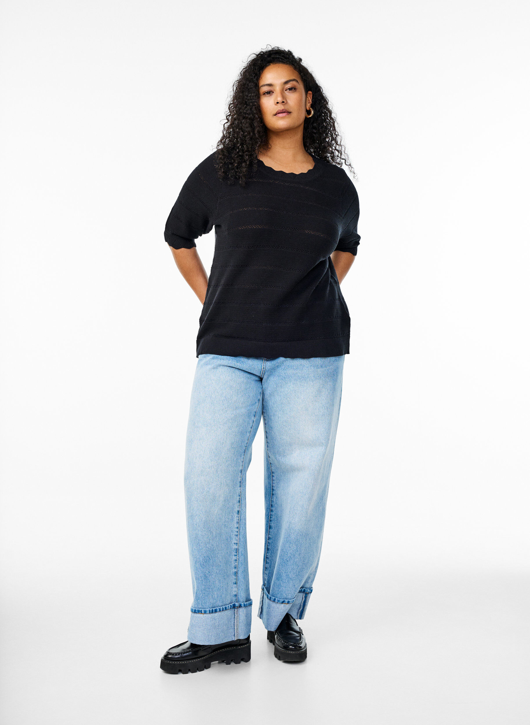 Zizzifashion Knitted blouse with a striped openwork pattern and short sleeves, Black, Model image number 1