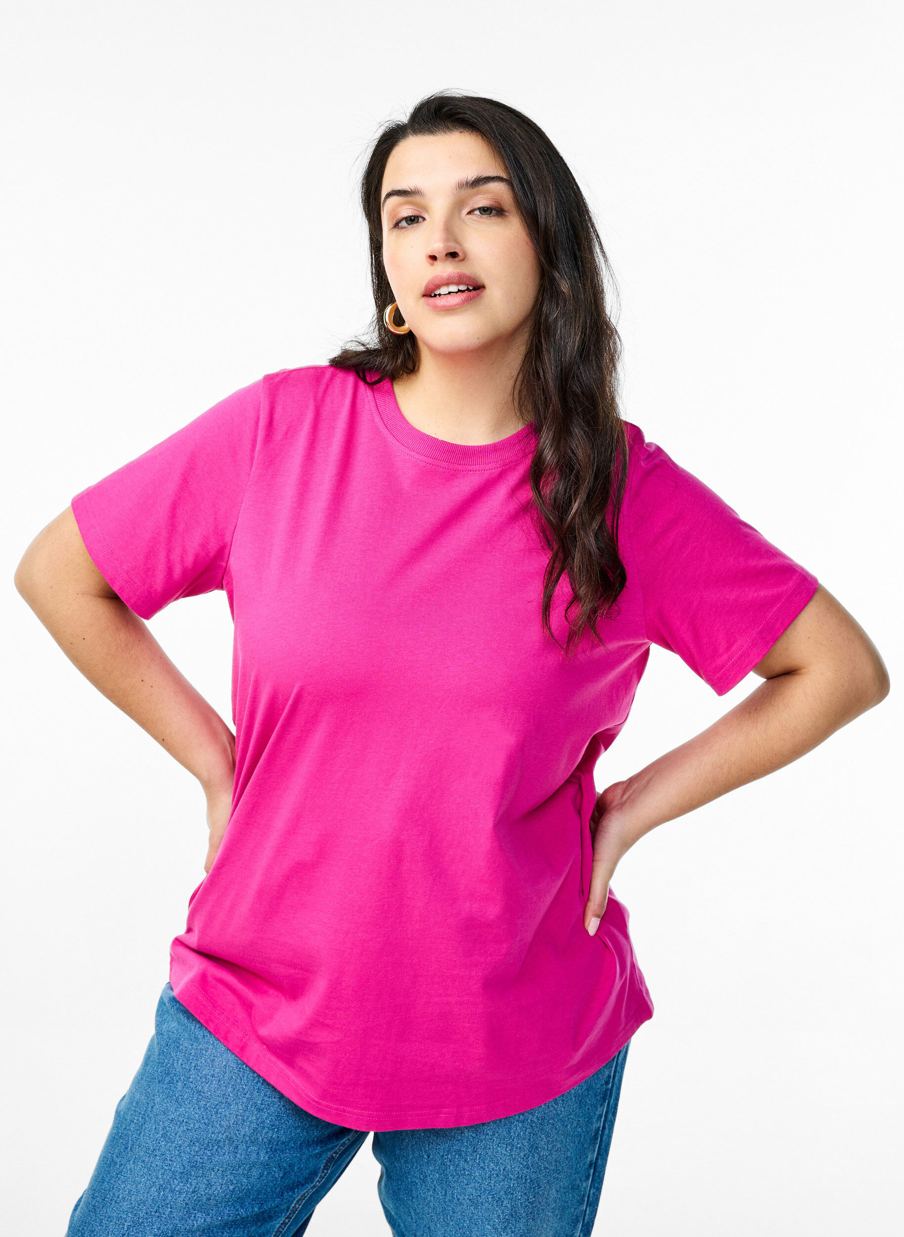 Basic cotton T-shirt with round neck, Pink, Model