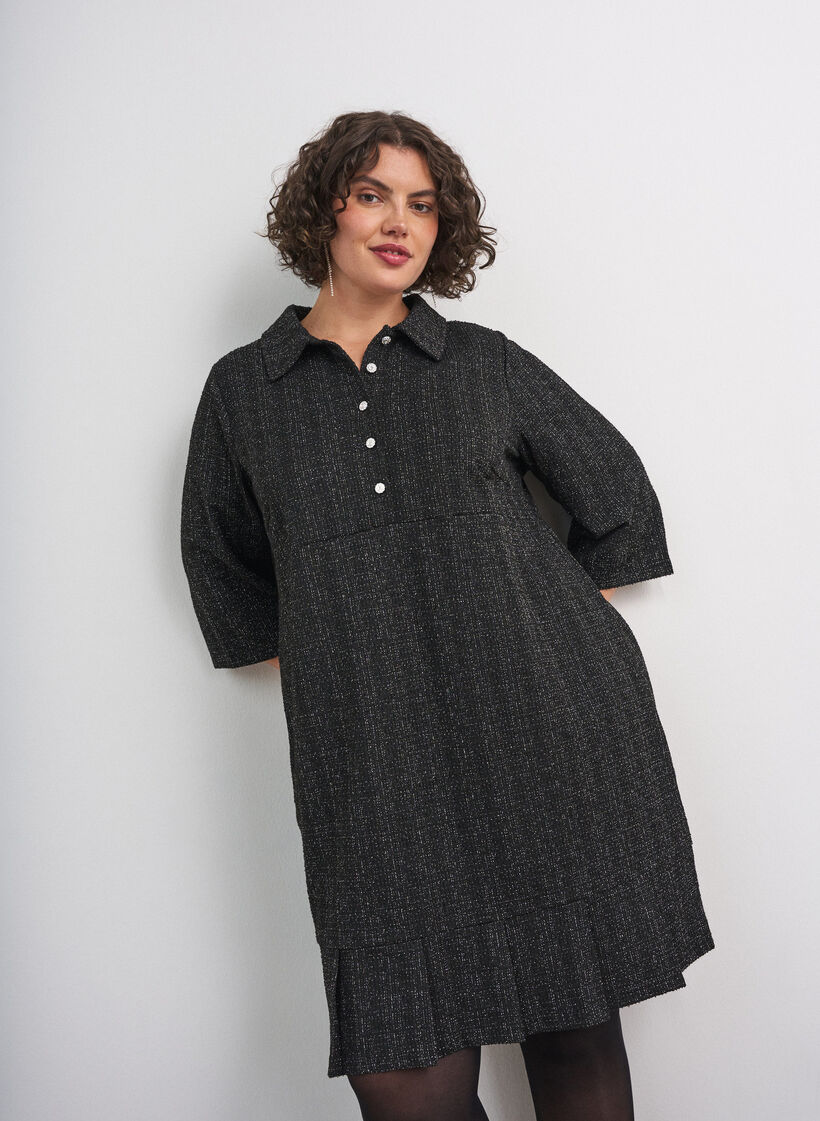 Short boucl&eacute; dress with decorative buttons, Black, Model image number 0