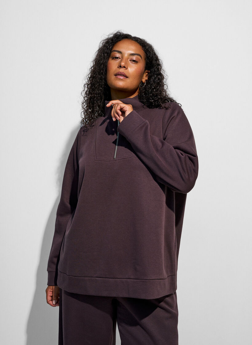 Sweatshirt with high collar and zipper, Brown, Model image number 3
