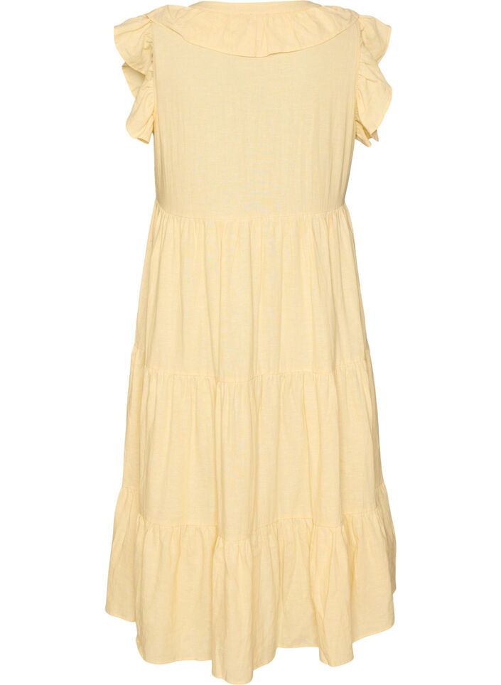 Sleeveless midi dress in linen and viscose with ruffles, Yellow, Packshot image number 1