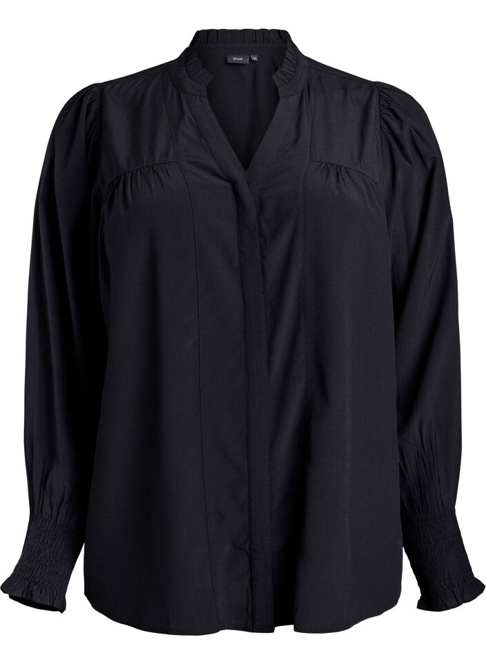 Blouse with ruffle collar and ruching, Black, Packshot image number 0