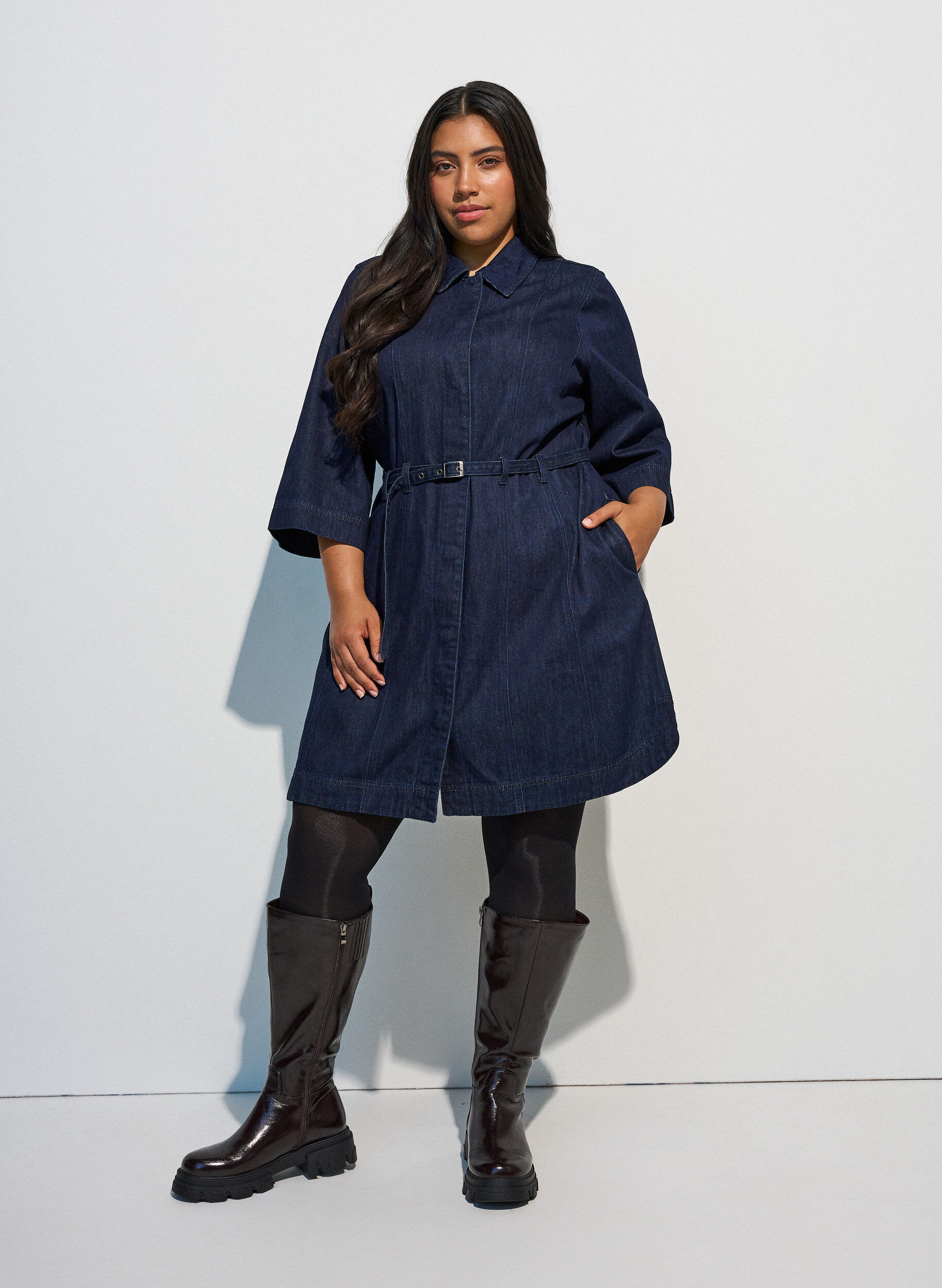ZizzifashionDenim dress with belt and 3/4-sleeves, Blue, Model image number 1
