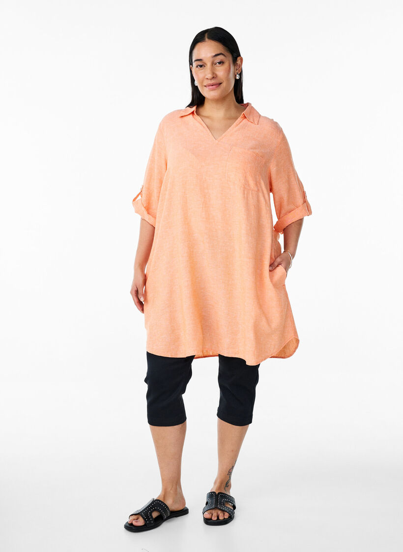 Linen and viscose tunic with A-shape, Coral, Model image number 1